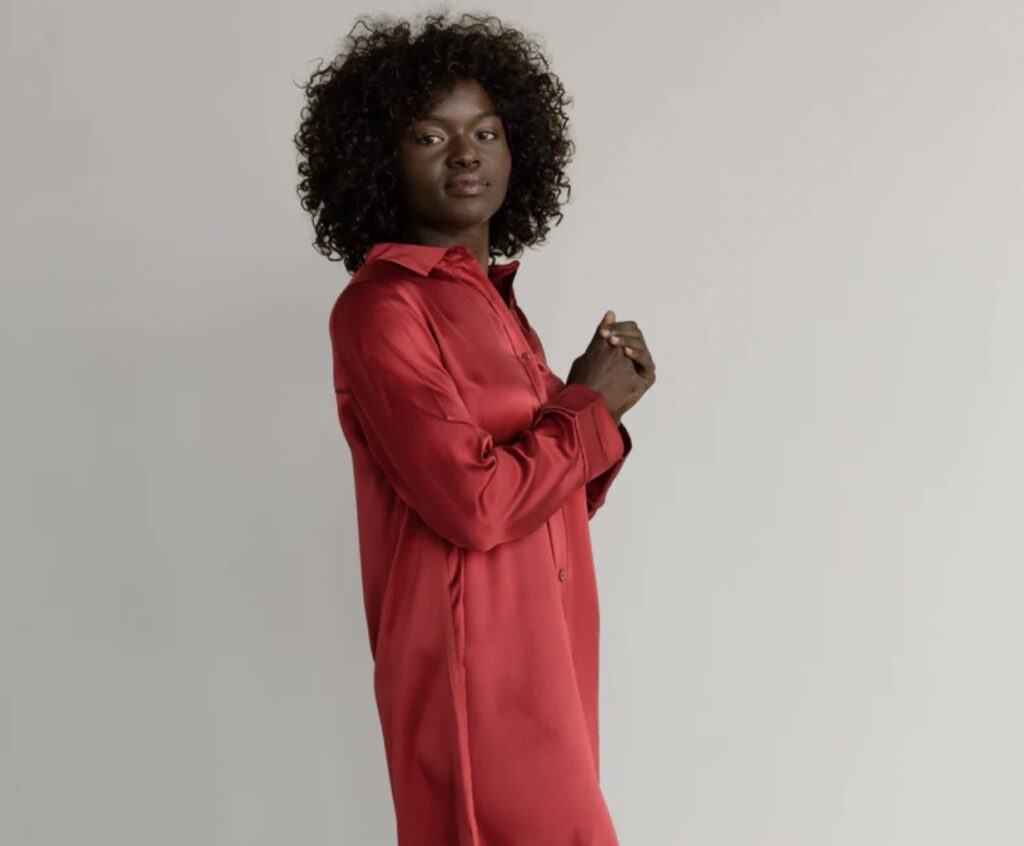 Best Silk Pajamas Product page photo of the Cozy Earth Serenity Silk Long Sleeve Sleep Dress