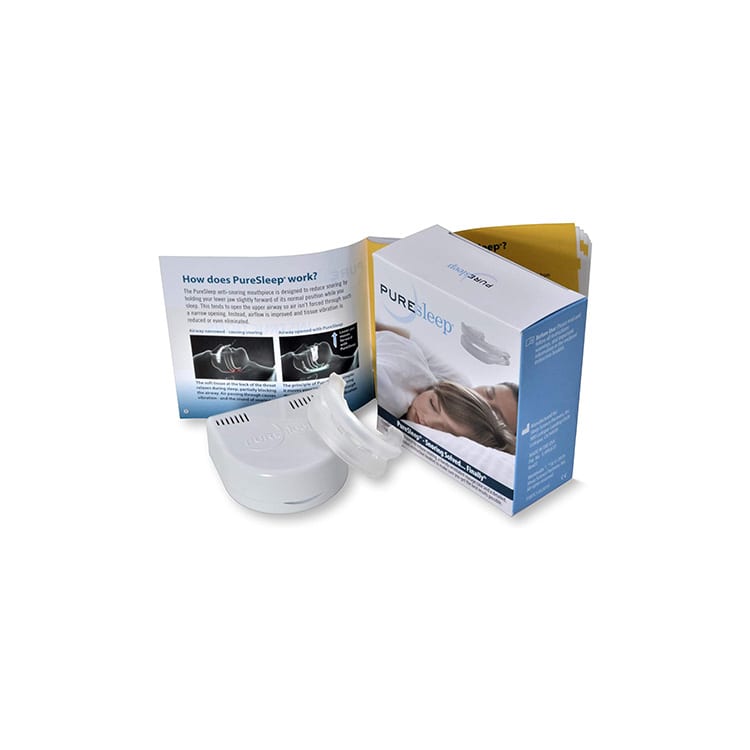 PureSleep Mouthpiece Review product image of the PureSleep Mouthpiece with its original packaging and instruction manual