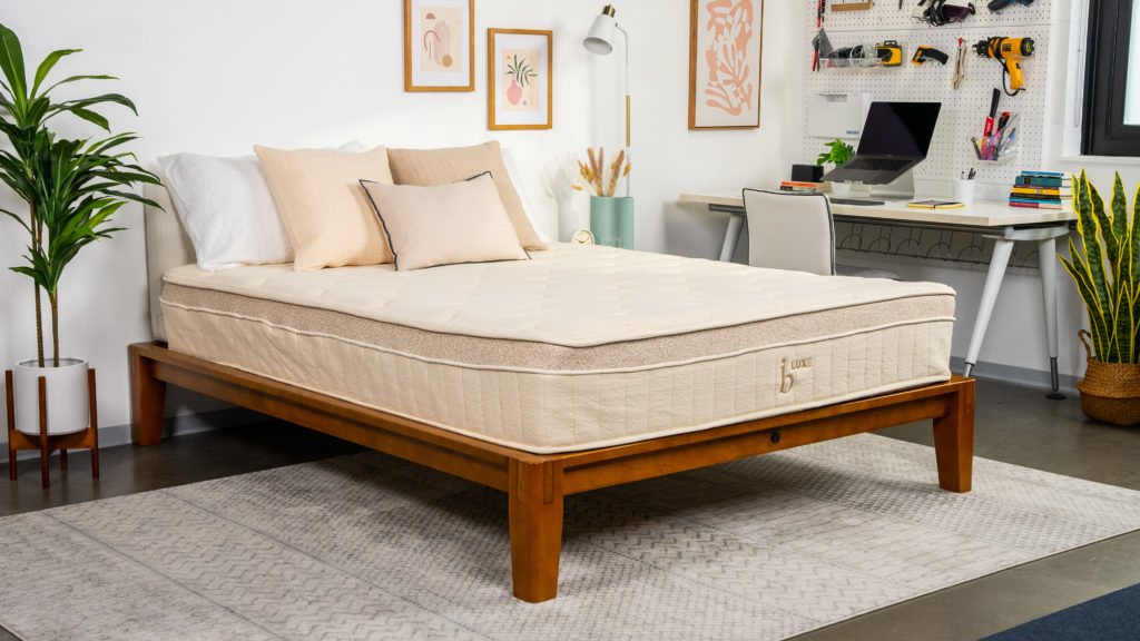 Birch Luxe Mattress Review – Test Lab Ratings A picture of the Birch Luxe Mattress in Sleep Foundation's test lab.